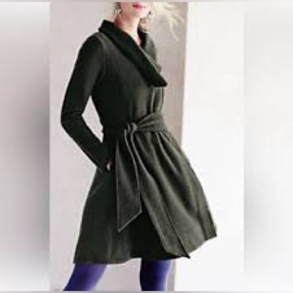 Anthropologie Jackets & Blazers - Anthropologie Sparrow Belted Shawled 100% Wool Sweater Coat Green Belted EUC